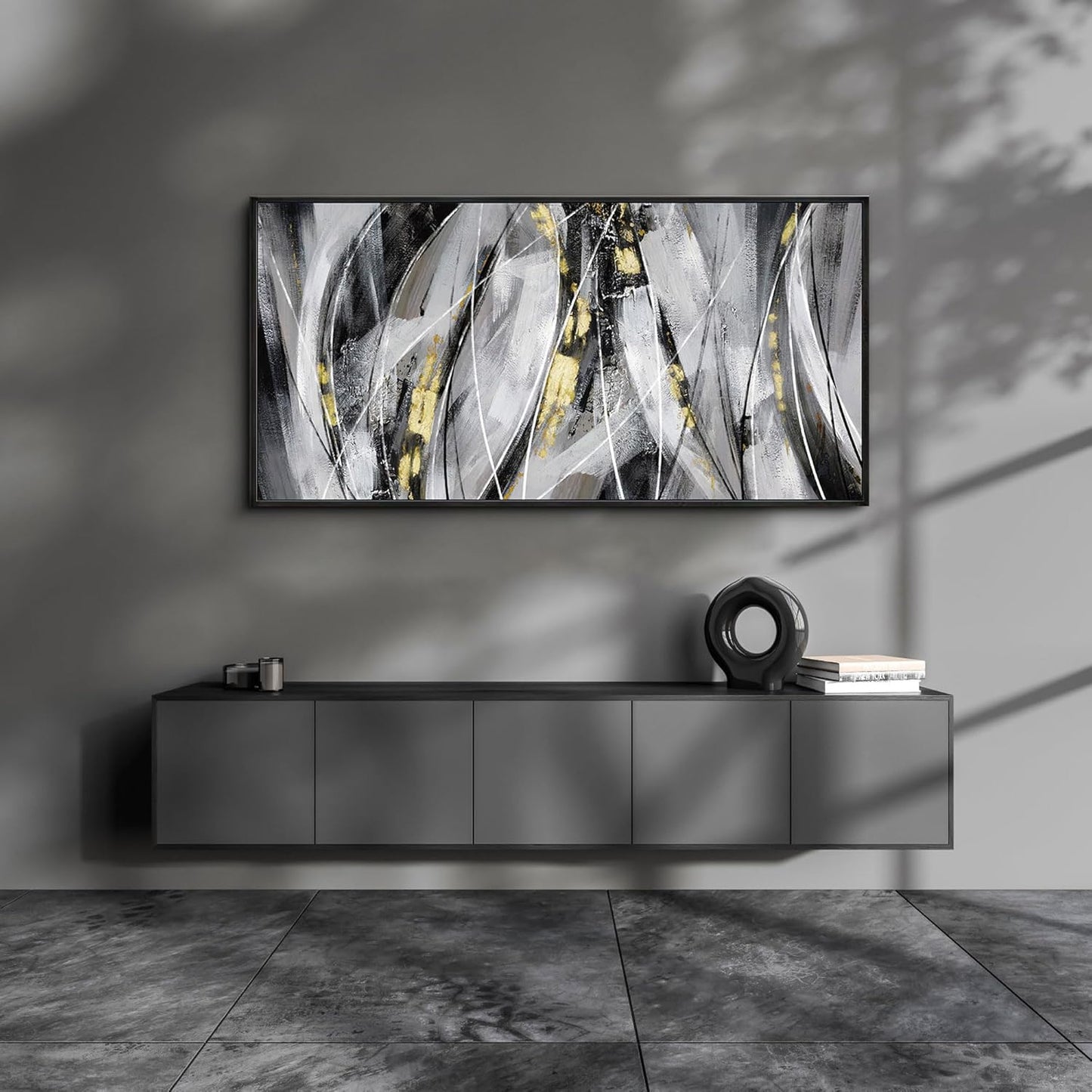 KLAKLA Abstract Frame Wall Art - Black and White Picture for Living Room Black and Gold Framed Artwork Canvas Art Work for Office Home Decor Bedroom Wall Decoration - 40x20 Inches