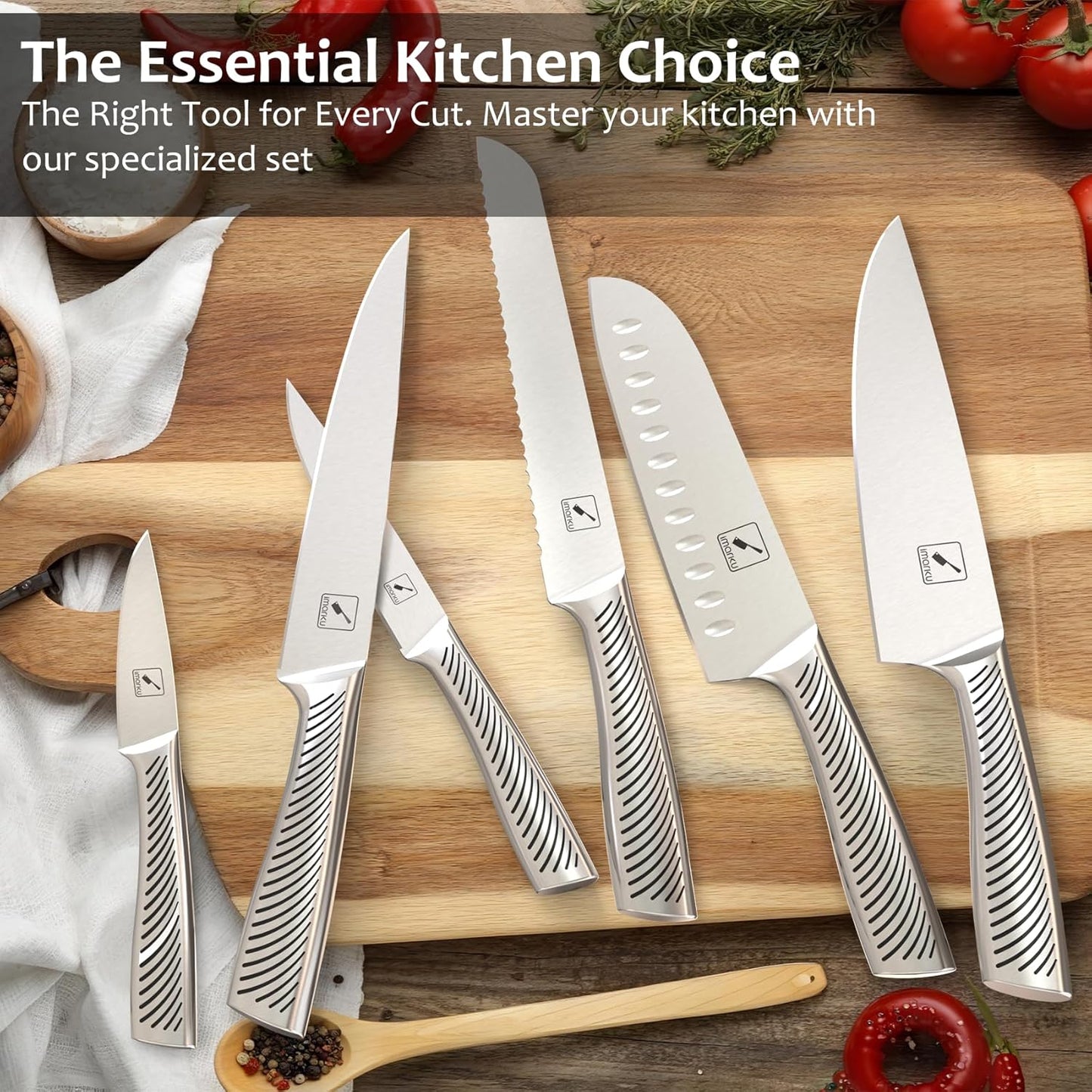 imarku Kitchen Knife Set with Block, 15PCS High Carbon Stainless Steel Knife Sets, One-piece Dishwasher Safe Kitchen Knives Set, Knife Set with Built-in Sharpener, Anti-slip handle, Brown