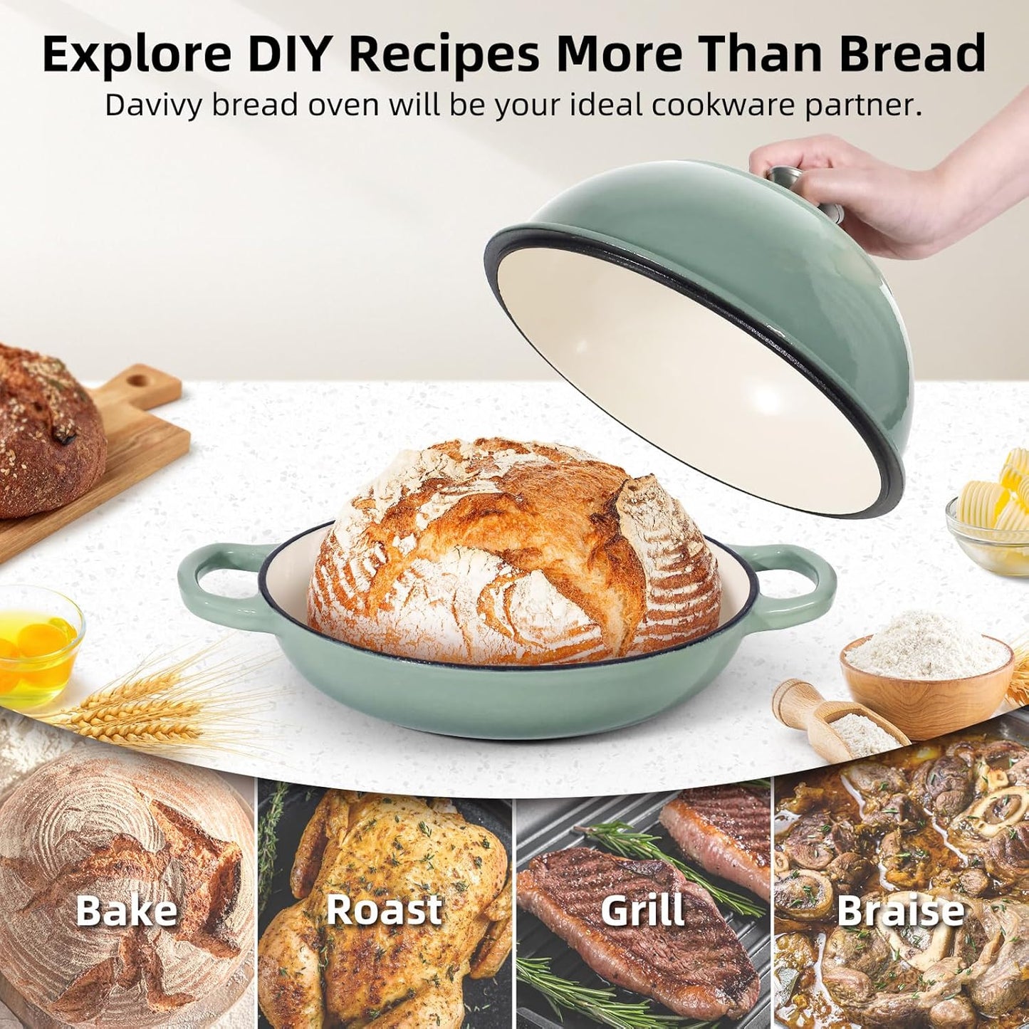 Davivy 5.5QT Sourdough Dutch Oven with Lid, 10" Round Cast Iron Bread Pan with Lid, Enameled Bread Baking Cloche, Dutch Oven for Sourdough Bread Baking, with Silicone Oven Mitts - Sea Salt Green