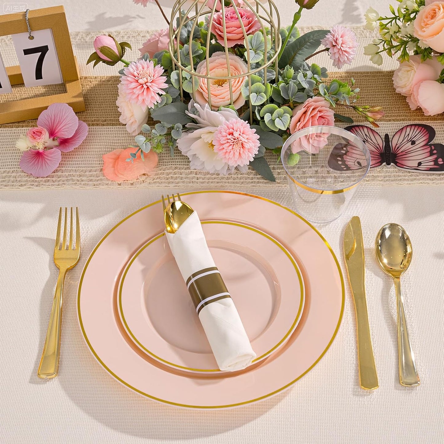 SUT 175 Pcs Pink and Gold Plastic Dinnerware Set for 25 Guests, Include: 25 Dinner Plates, 25 Dessert Plates, 25 Pre Rolled Napkins With Silverware, 25 Cups, Disposable Plates for Baby Shower, Party