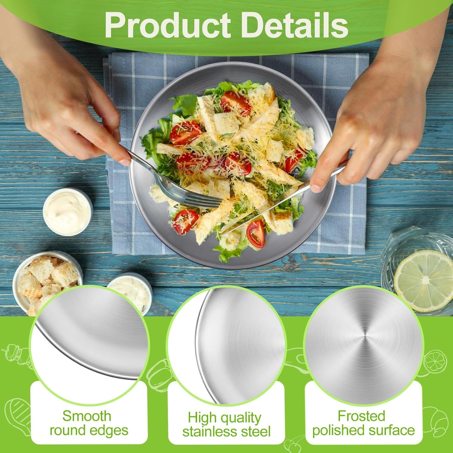 Jeffbaubl 6 Pack Stainless Steel Plates,7.8 Inch Round Salad Plates, Unbreakable Metal 304 Dinner Dishes,Lightweight Feeding Serving Camping Plate, Reusable and Dishwasher Safe