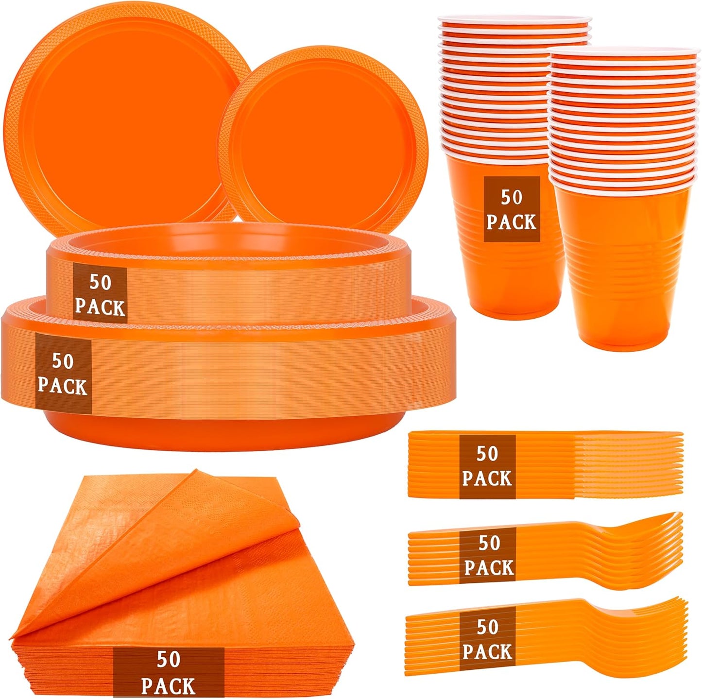 MirthMood 350PCS Orange Plastic Plates,Orange Disposable Plates Set– Plastic Plates Set Includes 50 Dinner,50 Dessert Plate,50 Cup&50 Napkins, 50 orange Silverware for Wedding & Birthday Parties