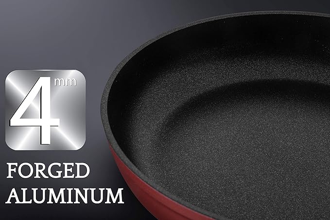 SAFLON Titanium Nonstick 2 Piece Fry Pan Set 4mm Forged Aluminum with PFOA Free Scratch-Resistant Coating from England, Dishwasher Safe (Red)