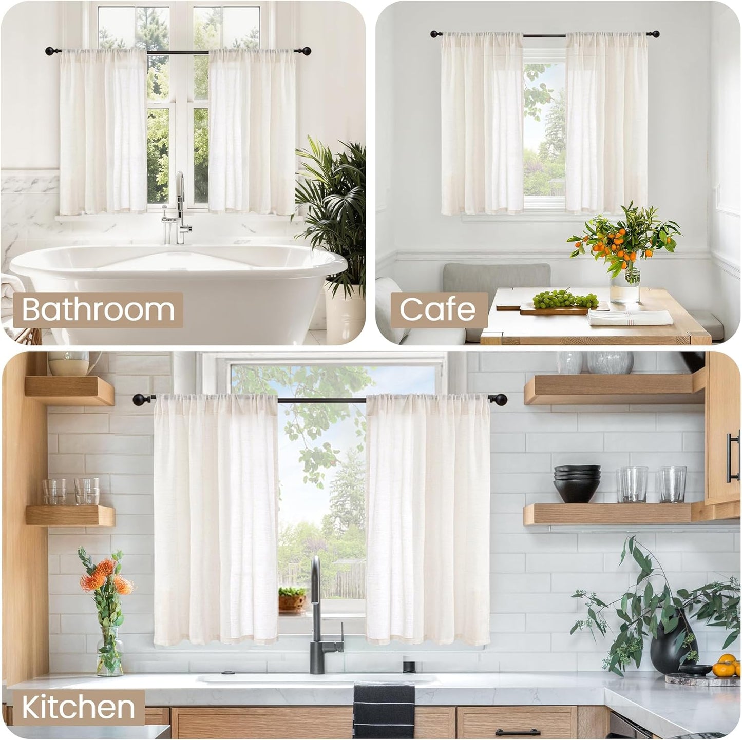 BGment Small Linen Curtains 36 Inch Length for Cafe Window, Half Drapes Lightweight Semi Sheer with Rod Pocket for Front Door Kitchen Window Over Sink, 2 Panels Set, 24 Inch Wide Each Panel