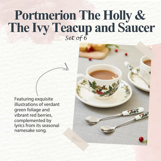 Portmeirion Holly and Ivy 7 oz Holiday Teacup and Saucer Set (Set of 6) - Earthenware Holly Motif, Festive Tableware for Christmas Tea Parties, Elegant Seasonal Gifts - Dishwasher & Microwave Safe