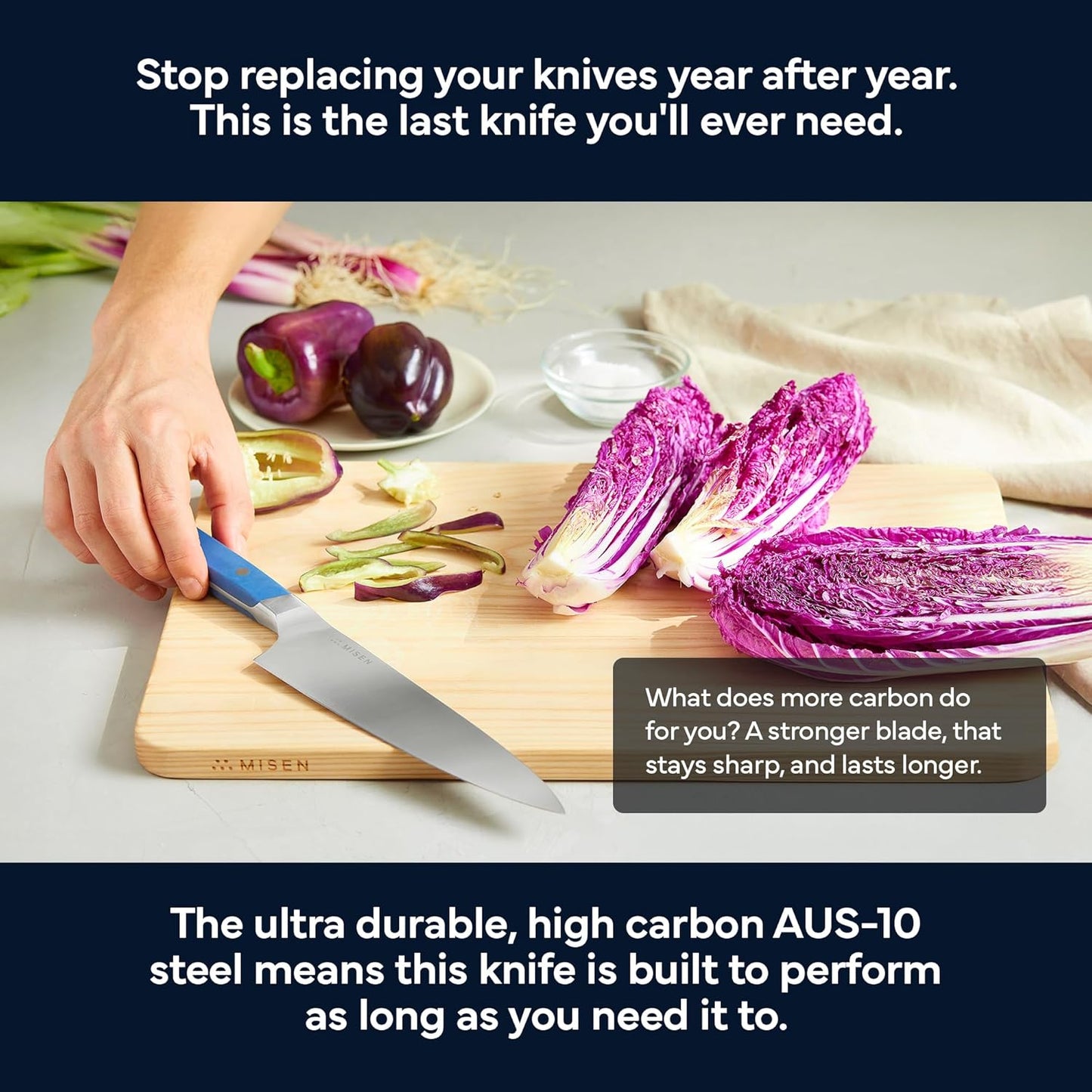 Misen 8" Chef Knife – High Carbon Japanese AUS-10 Stainless Steel – Hybrid German & Japanese Blade – Precision Kitchen Knife for Professionals & Home Cooks – Ultimate Cutting Performance - Blue