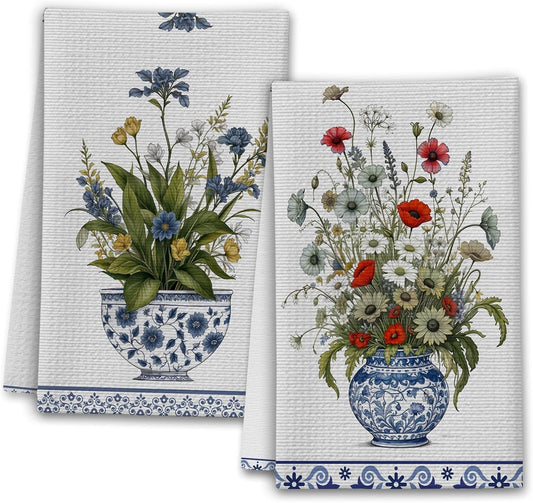 Colorful Flowers Kitchen Towels, Porcelain House Hand Towel Set of 2, Chinoiserie Gifts for Home Bathroom Holiday Decor - A09