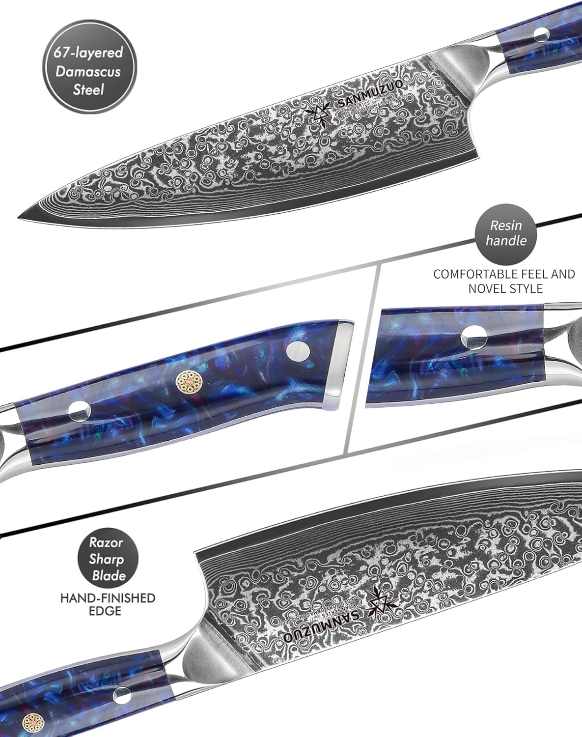 Chef Knife - 8 inch - Xuan Series - VG10 Damascus Steel Kitchen Knife - Resin Handle (Sapphire Blue)