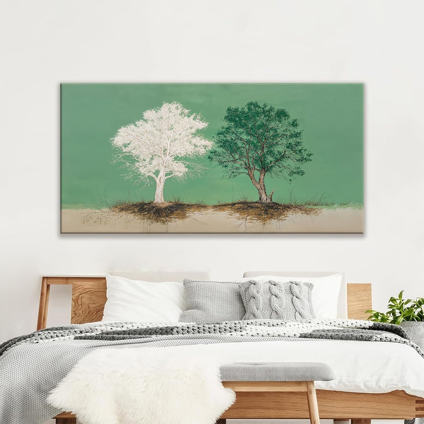 Large Canvas Art Wall Decor Pure White And Green Tree Of Life Wall Art Decoration Modern Home Wall Decor Abstract Wall Art For Living Room Bedroom Kitchen Office 29x58 Inch