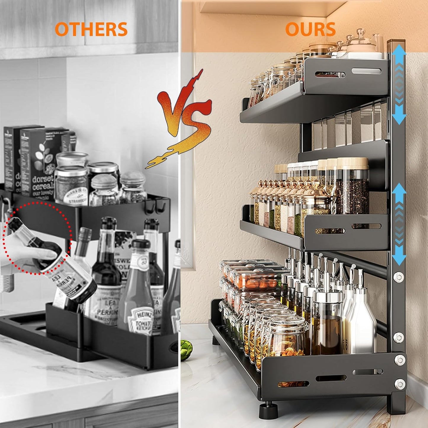 Spice Rack Organizer, 3-Tier Height-Adjustable Kitchen Countertop Spice Organizer Shelf, Metal Rust-Proof Standing Large Seasoning Organizer with Guardrail & Knife Block for Kitchen Bathroom