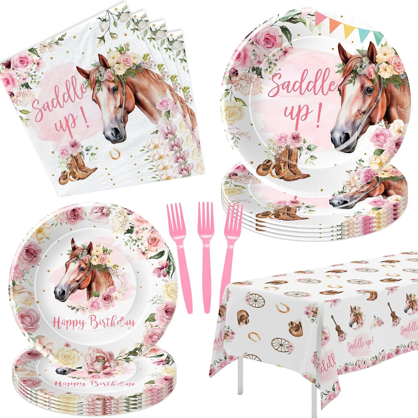 Cowgirl Party Decorations Tableware - Western Horse Birthday Party Supplies For Girl, Plate, Napkin, Fork, Tablecloth, Wild West Cowgirl Birthday Baby Shower Decorations Dinnerware | Serve 24