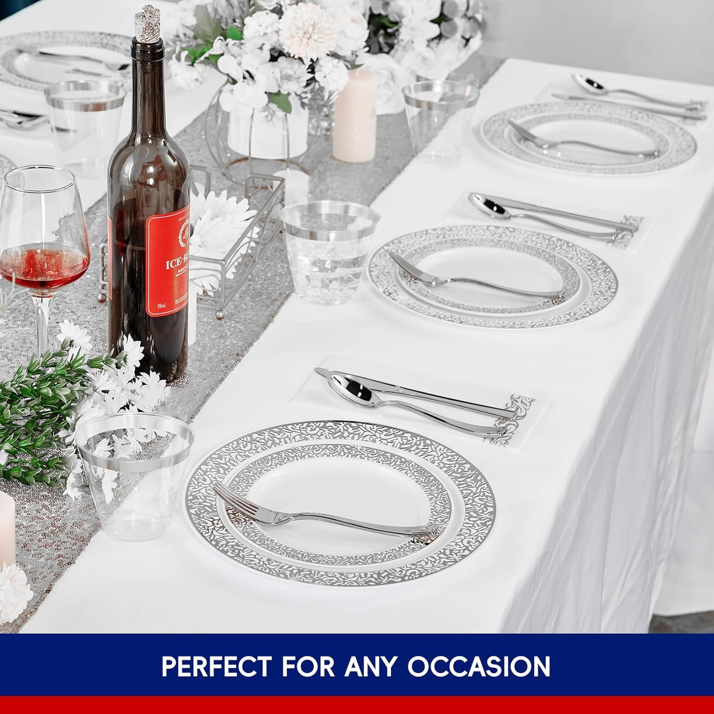 𝟐𝟏𝟎 Count Silver Plastic Dinnerware, Silver Disposable Plates, Includes 30 Dinner & 30 Dessert Plates & 30 Cups & 30 Paper Napkins & 30 Plastic Silverware Set