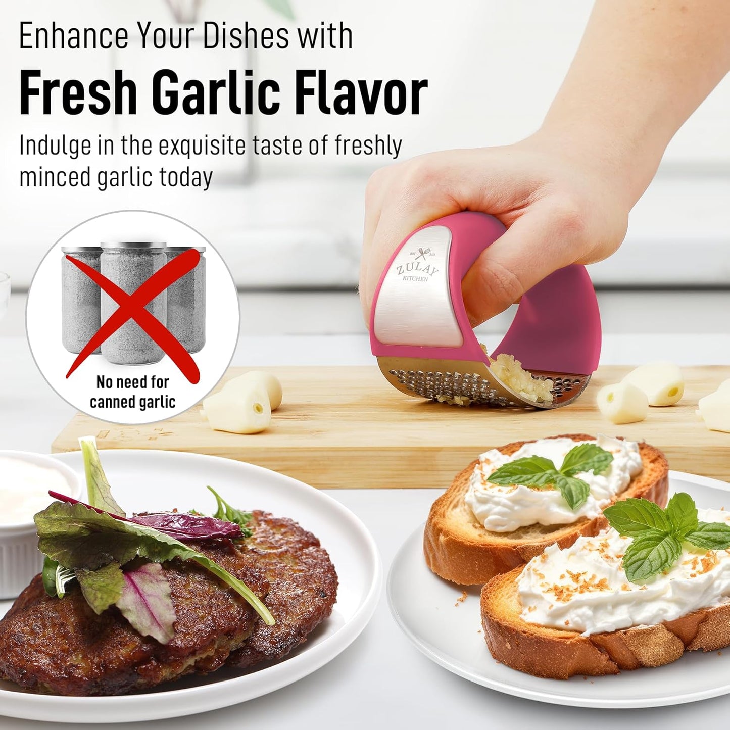 Zulay Kitchen Stainless Steel Garlic Press Rocker Set - Premium Garlic Mincer Garlic Crusher - New Innovative Garlic Crusher with Peeler and Scraper - Comfortable Grip (Red)