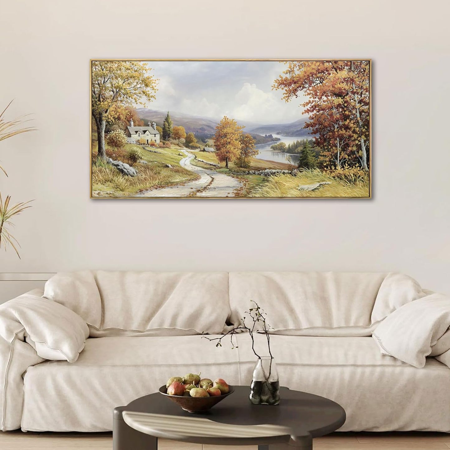 KLAKLA Landscape wall art - Autumn Rustic Field Burnt Orange Tree Landscape PictureC anvas Frame Artwork Farm Log Cabin Farm Wall Decor for Living Room Bedroom Office - 40x20 Inches