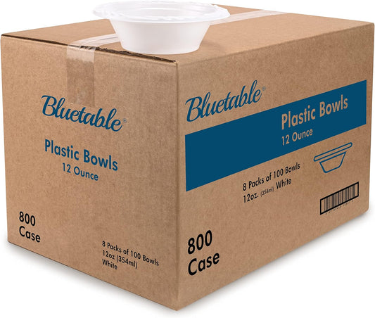 Bluetable Disposable Bowls 12 oz Bulk Case Pack (800 Count) Plastic Bowl White – Heavy Duty Bowls for Hot Soup Microwave Safe Paper Alternative Large Bowls Bulk [800 Pack/Case]