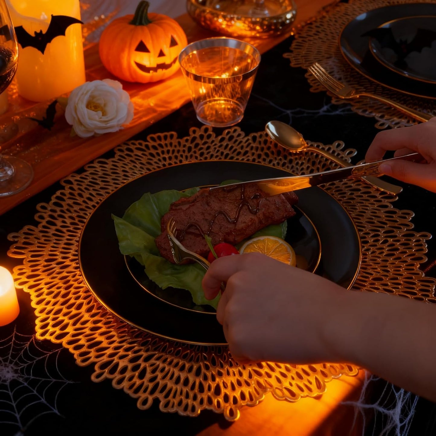 WDF 150PCS Black Plastic Plates - Black and Gold Plates Disposable - 25guest Disposable Dinnerware Sets for Party/Wedding/Halloween/New Year