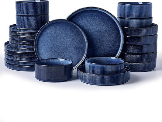 Famiware Star Dinnerware Set with Pasta Bowls, Service for 6 (24 Pieces), Ribbed Stoneware Plates and Double Bowls Sets - Chip & Scratch Resistant, Microwave & Dishwasher Safe Dishes, Nebulas Blue