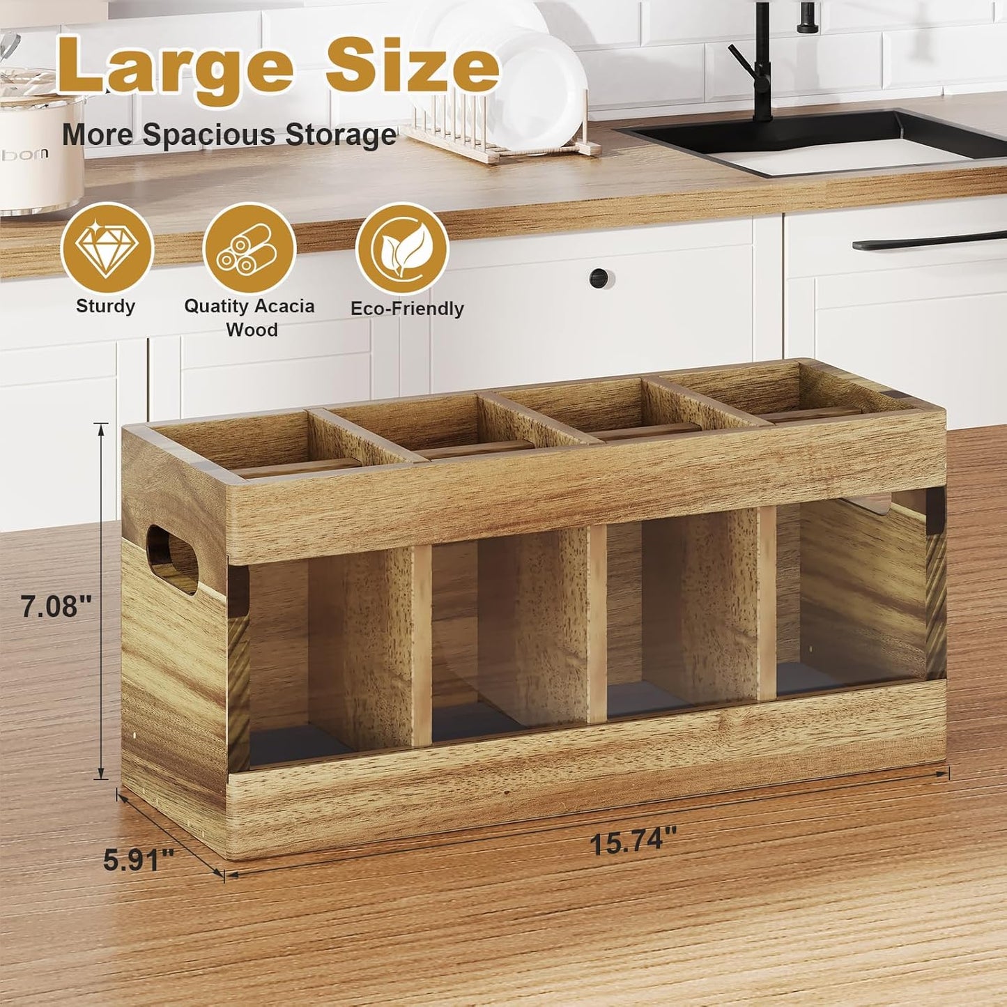 Acacia Rustic Wood Utensil Holder, Extra Large Cooking Holder with Drying Stone Base and 8 Compartments, Farmhouse Kitchen Countertop Organizer