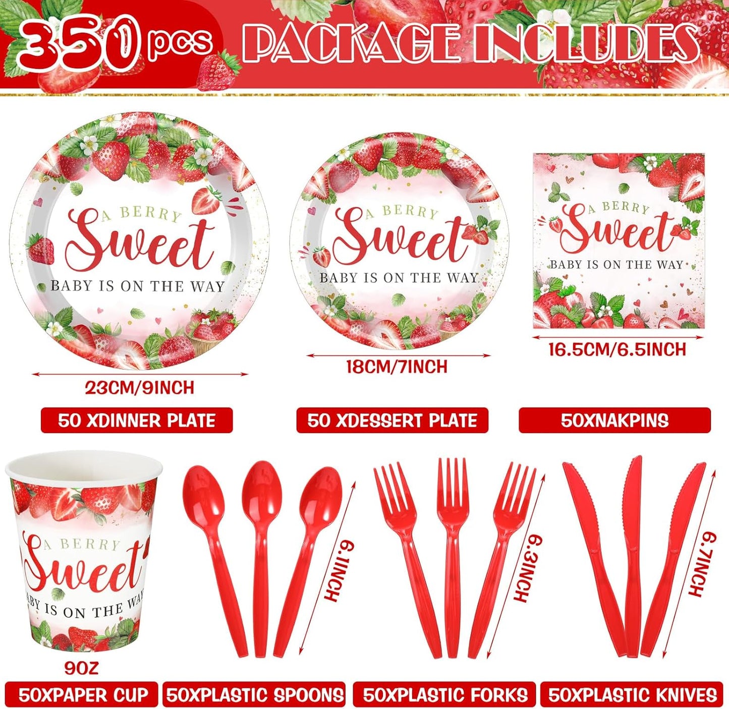 Dandat 350 Pcs Baby Shower Plates Set Baby Shower Party Supplies Serves 50 Tableware Sets Include Plates Napkin Cup Forks Knives Spoons Disposable Dinnerware(Strawberry,Red)