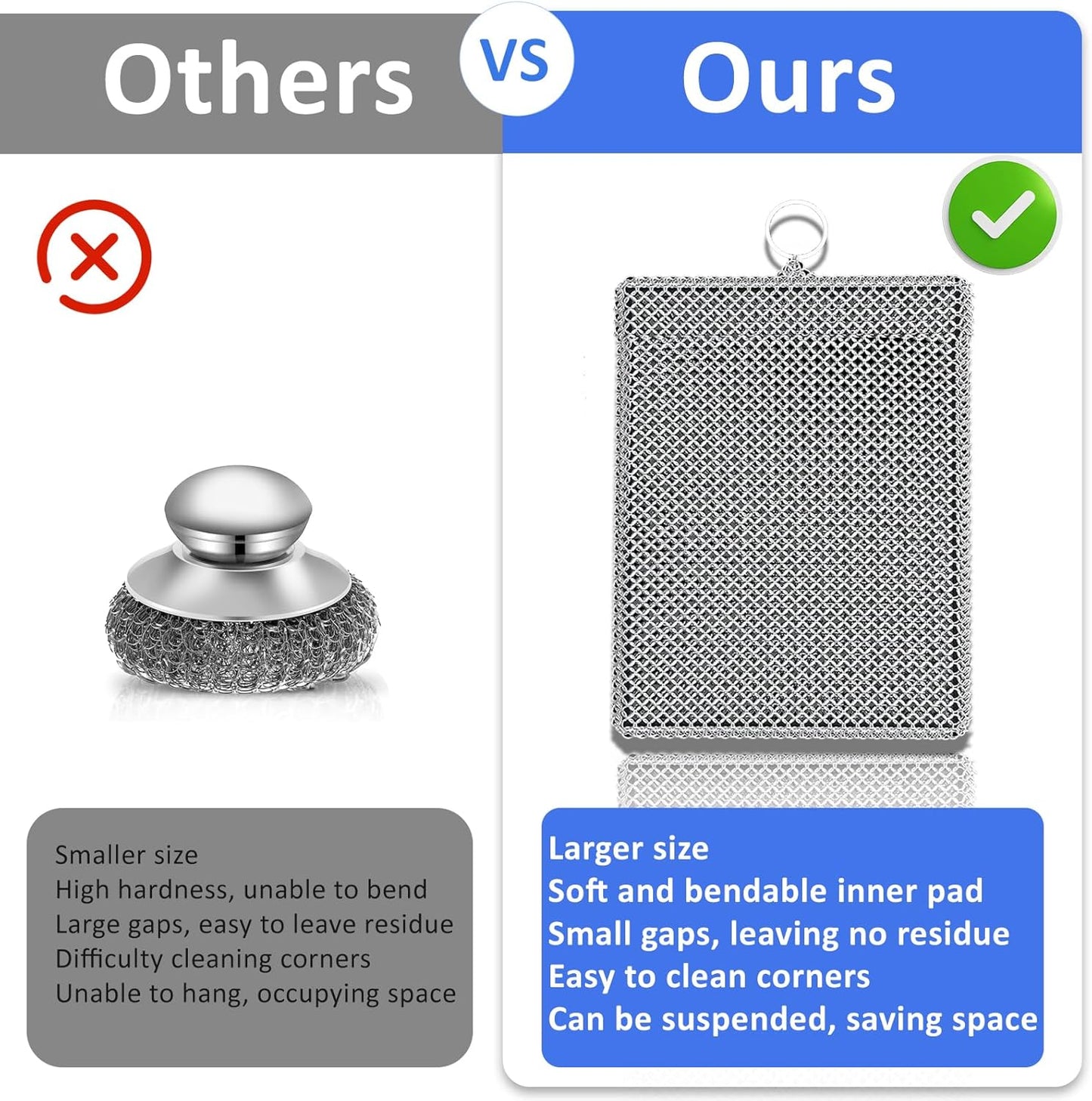 316L Stainless Steel Cast Iron Scrubber Cleaner,Chain Mail Scrubber with Silicone Insert,for Cast Iron Skillet, Cleaning Steel Skillet, Wok, Carbon Steel (8CM*10CM)