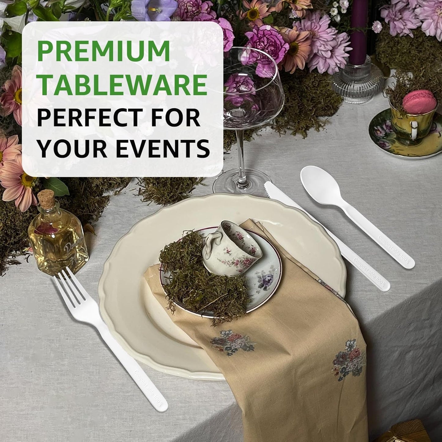 450 Counts Compostable Forks Spoons Knives Set Disposable Forks Utensils Heavy Duty Knives Silverware Eco Friendly Flatware for Party Camping Picnics White forks spoons and knives set