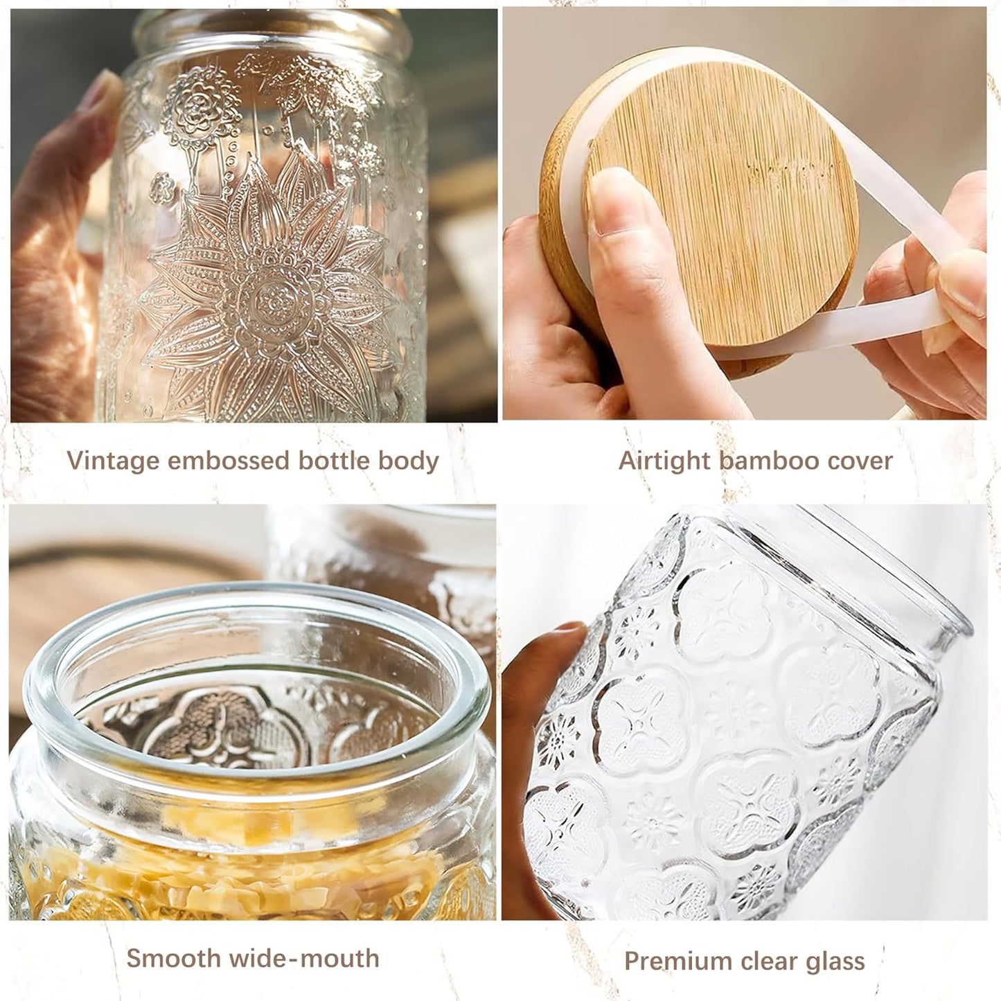 23.7 fl oz Airtight Glass Storage Jar with Bamboo Lid - Vintage Glass Jar Vintage Food Containers Canisters Set for Kitchen Counter, Ideal for Candy, Sugar, Coffee, Tea,Cute (Sunflower*1)