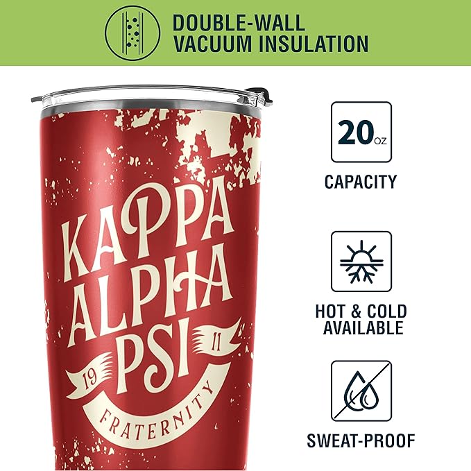 Kappa Alpha Psi Fraternity Paraphernalia - Official Vendor - 20 oz Stainless Steel Insulated Sublimation Tumbler - Kappa