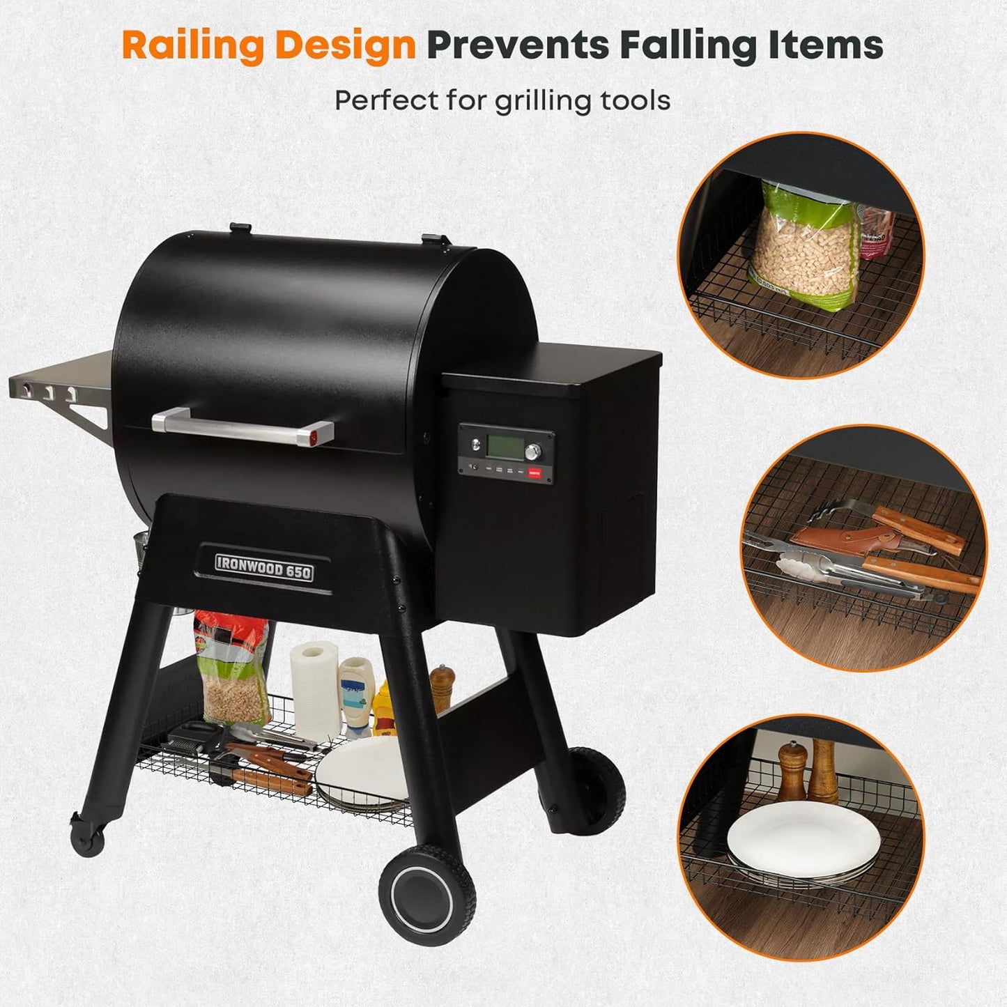 Stanbroil Pellet Grill Storage Shelf, Pellet Grill Storage Basket Fits Traeger Ironwood 650 and Pro 575 Grill, Grill Accessories to Add Storage Space