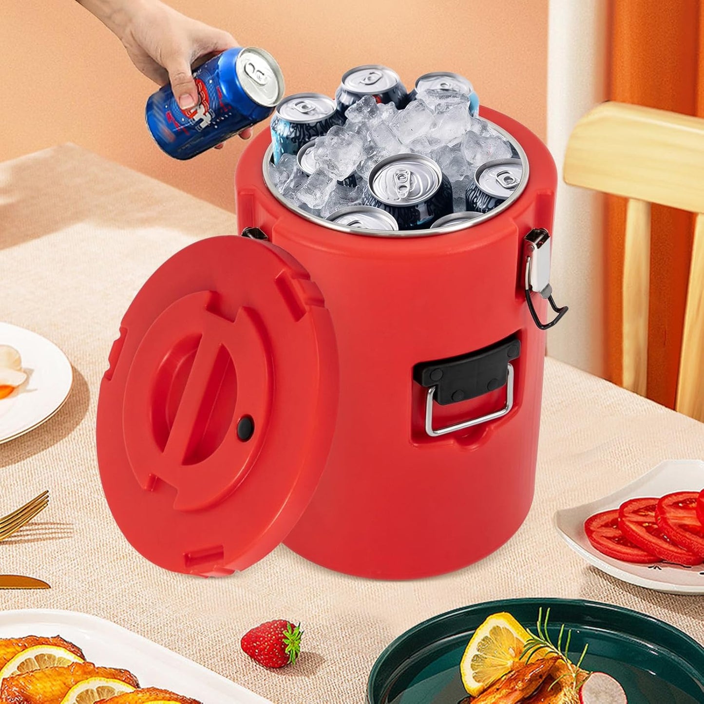 DYNAMI 5.3Gal Insulated Food Container with Handles&Buckles,Portable Commercial Food Warmer Insulated Soup Container Cold Hot Box for Catering,Stainless Steel Inner Liner, Sealed and Leak-proof (Red)