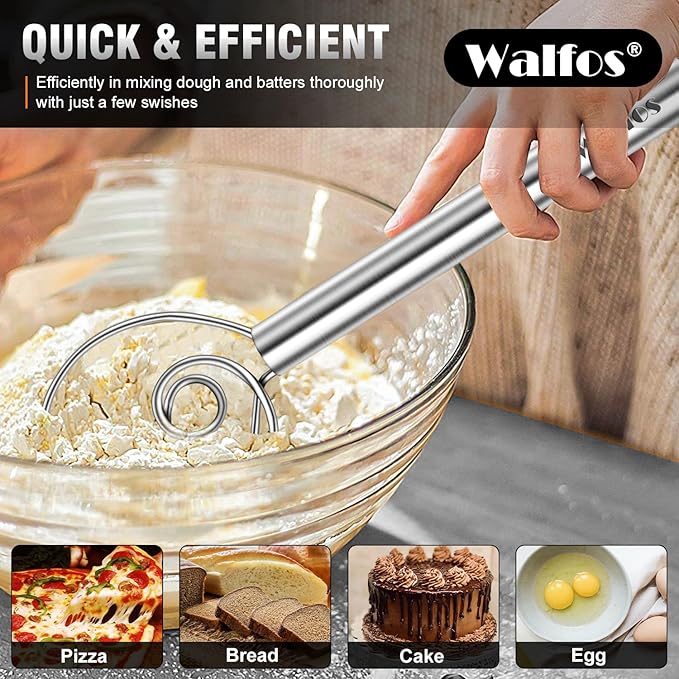 Walfos Danish Dough Whisks, Rustproof Stainless Steel Bread Whisk, Quick Mixing Bread Mixer, Dutch Dough Whisk for Cooking, Blending, Whisking, Stirring, Sourdough, Pizza, Pastry, Cake Batter（2pcs)