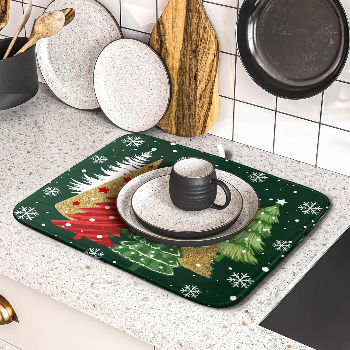 Christmas Green Dish Drying Mats 16x18 Inch, Farmhouse Gold Red Xmas Pine Trees Winter Holiday Absorbent Fast Dry Microfiber Dishes Drainer Rack Pad Farmhouse Rustic Holiday Kitchen Decor
