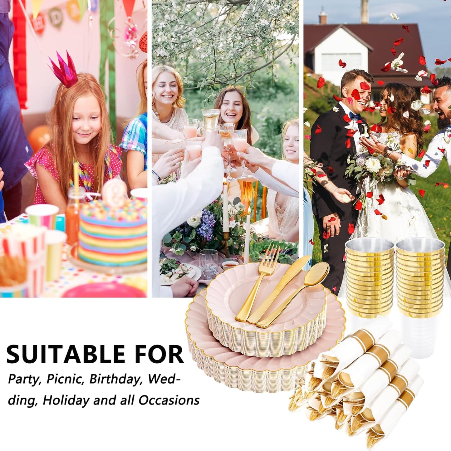 YOUBET 350PCS Pink Scalloped Plastic Plates - Pink and Gold Disposable Dinnerware Set Include 100 Plates, 150 Gold Silverware, 50 Cups, 50 Napkins for Wedding & Party