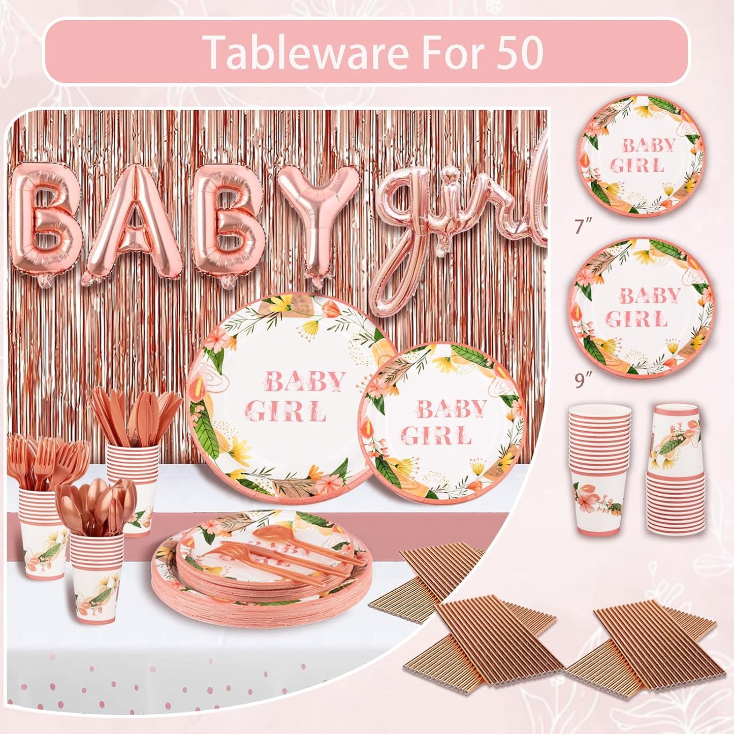 301Pcs Baby Shower Decorations For Girl, Girl Baby Shower Decorations Kits - Disposable Dinnerware Set With Pink Rose Gold Floral (50 Guest), "BABY girl" Banner, Balloon, Sash, Cake Topper