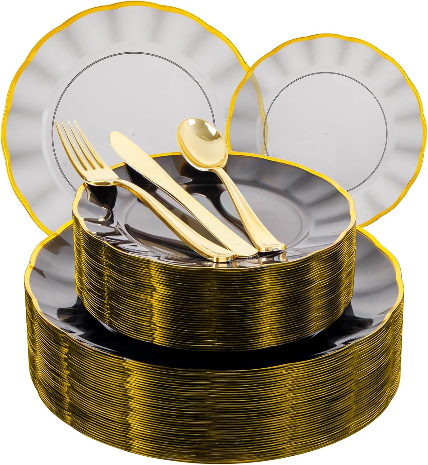 EI 150pcs Clear Black Dinnerware Set,Clear Black Fancy Plastic Plates with Gold Rimmed and Gold Plastic Silverware,Heavy Duty Party Plates Disposable for Halloween, Afternoon Tea,Wedding