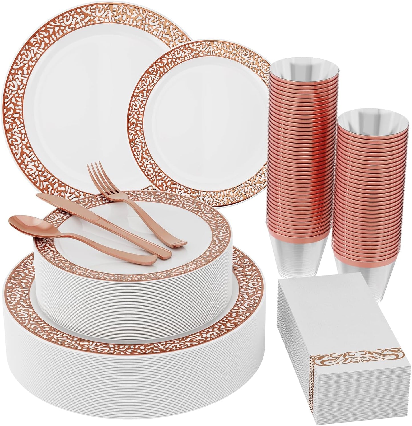 𝟮𝟭𝟬 Count Rose Gold Plastic Dinnerware Disposable Plates 30 Dinner & 30 Dessert Plates & 30 Cups & 30 Rose Gold Paper Napkins & 30 Plastic Silverware Set