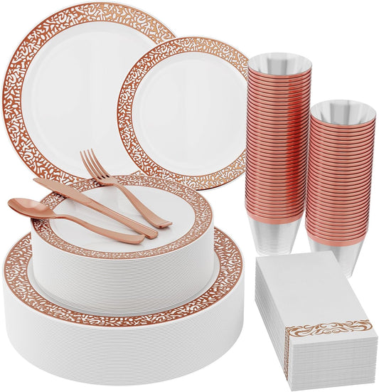 𝟮𝟭𝟬 Count Rose Gold Plastic Dinnerware Disposable Plates 30 Dinner & 30 Dessert Plates & 30 Cups & 30 Rose Gold Paper Napkins & 30 Plastic Silverware Set