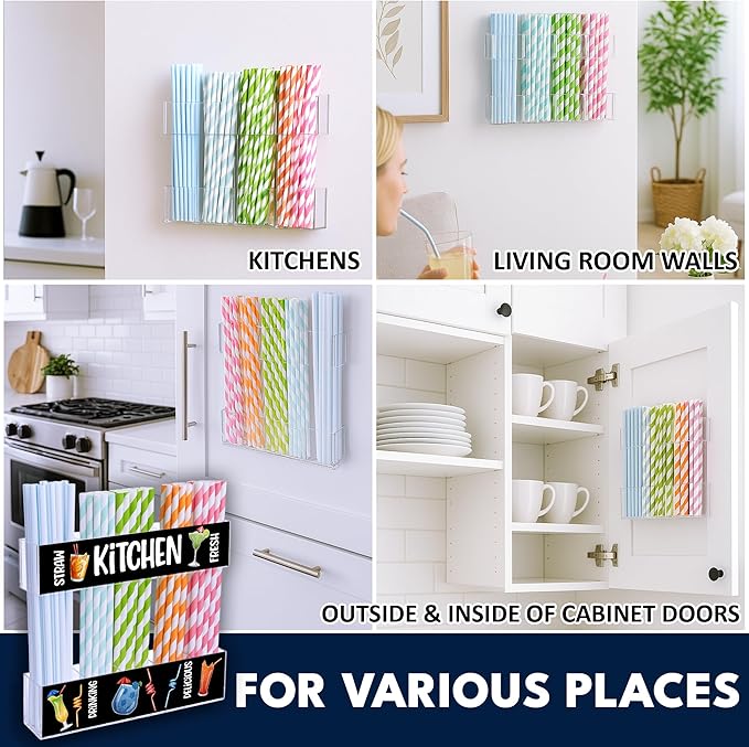 Acrylic Straw Holder for Cabinet Door or Countertop - Clear Organizer & Dispenser with 3 Sets of Decorative Stickers for Reusable Straws, Space-Saving Kitchen Storage, Pantry Organizer