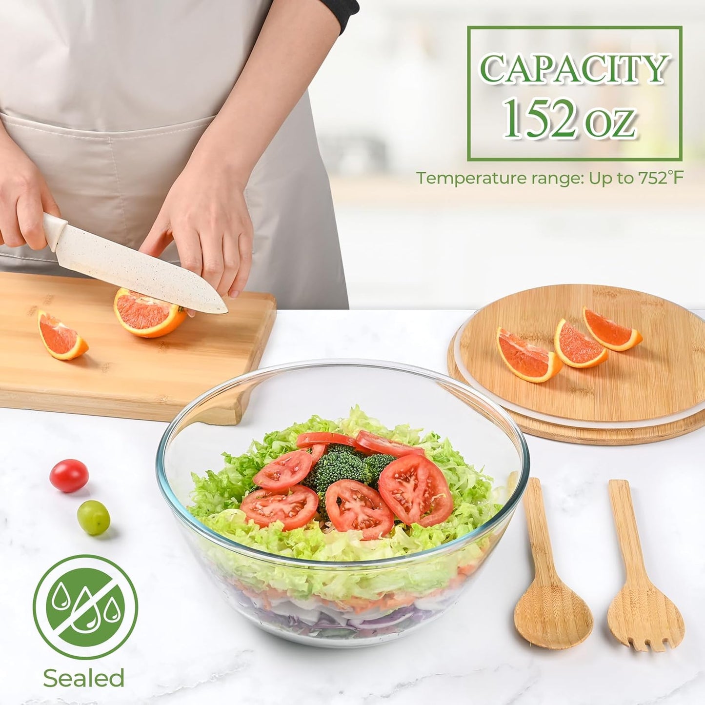 GEHE Glass Salad Bowl with Sealing Lid, 10.6Inch Large Trifle Bowl Glass Fruit Bowl, 4.7 Quart Large Capacity Serving Bowls for Salad, Pasta, Fruit, Dessert Display Cake, Microwave Safe