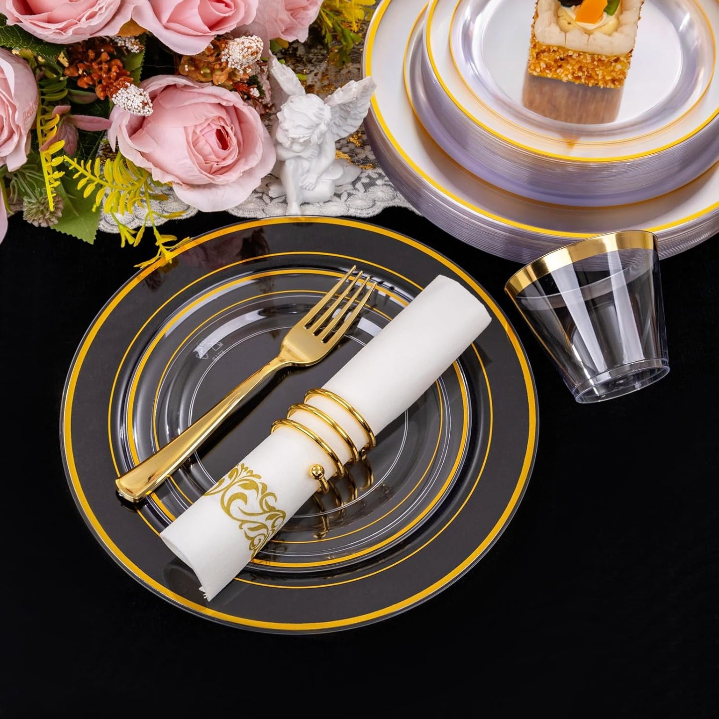 I00000 50 Guests Clear Gold Plastic Plates, Gold Disposable Dinnerware Set Includes: 100 Plastic Plates, 50 Silverware Set, 50 Disposable Cups, 50 Napkins Perfect for Party & Wedding