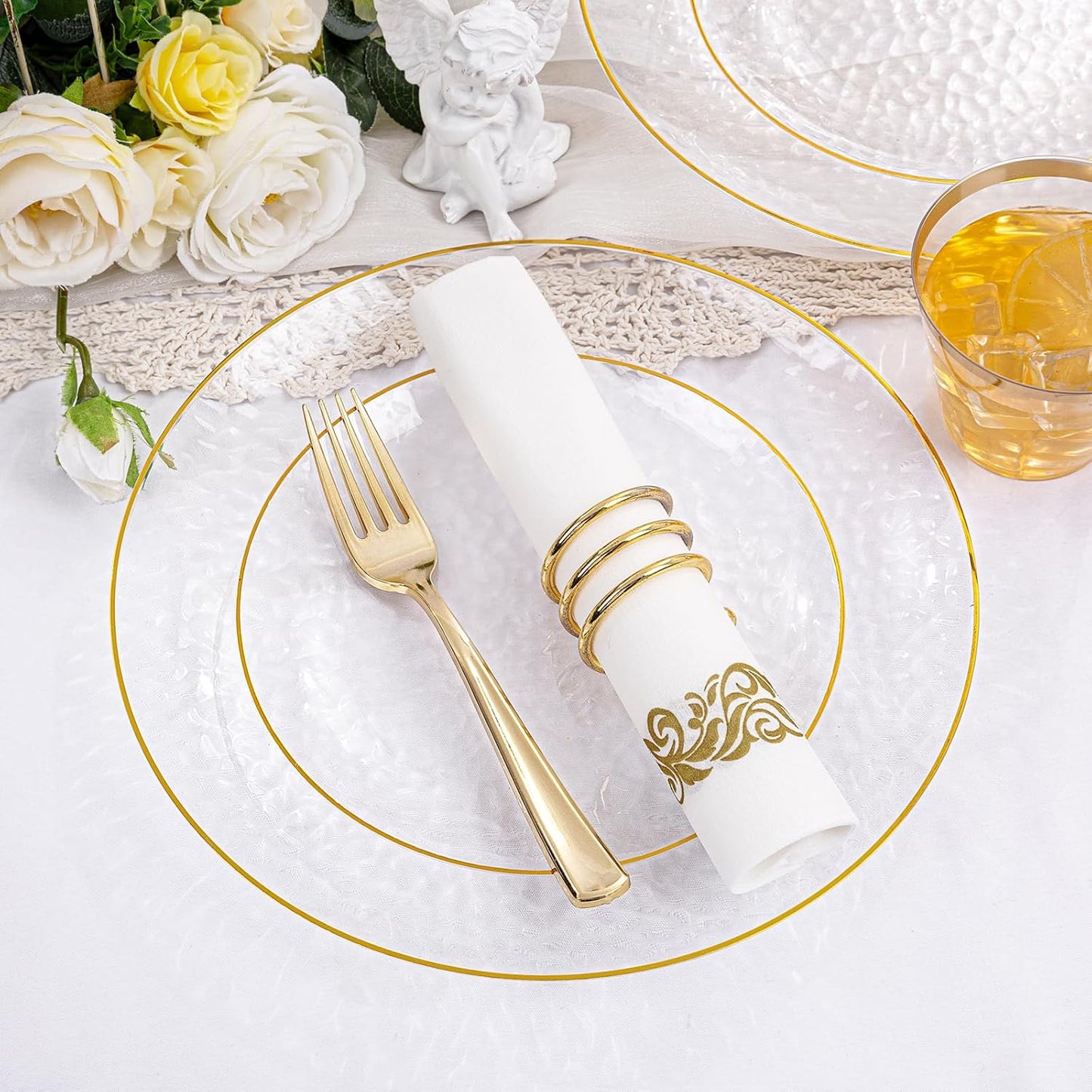 Rubtlamp 175 Pcs Plastic Dinnerware Set (25 Guests), Clear And Gold Plastic Plates, Hammered Party Plates Include Dinner Platos, Dessert Platos, Cups, Gold Cutlery Set And Napkins for Thanksgiving