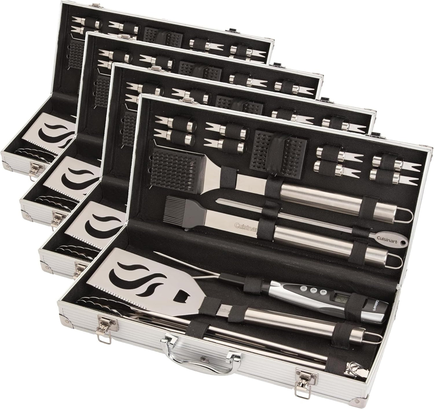 Cuisinart Deluxe Grill Tool Set, 20-Piece BBQ Kit with Aluminum Case and Digital Temperature Fork, Spatula, Tongs, Grill Accessories and Utensils, Grilling Set for Cookout (Pack of 4)