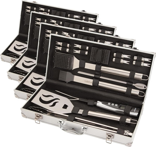 Cuisinart Deluxe Grill Tool Set, 20-Piece BBQ Kit with Aluminum Case and Digital Temperature Fork, Spatula, Tongs, Grill Accessories and Utensils, Grilling Set for Cookout (Pack of 4)