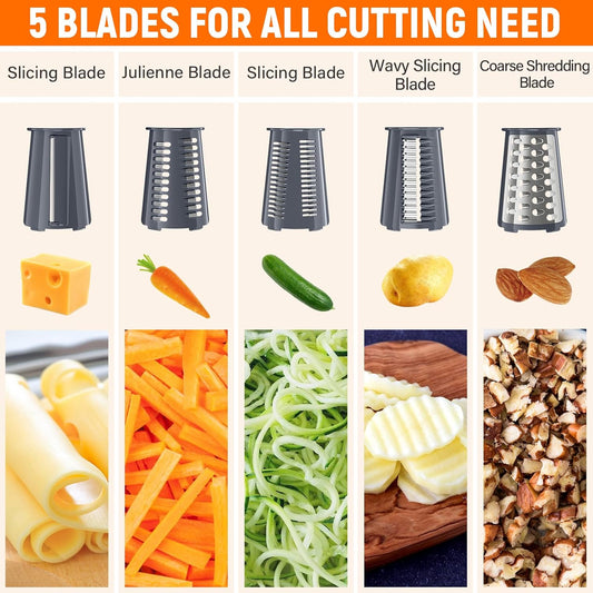 Rotary Cheese Grater Hand Crank with 5 Interchangeable Blades, Vegetable Slicer Chopper for Fruit Vegetable Nuts, Mandoline Slicer for Kitchen with Blades Rack & Suction Base, Grey