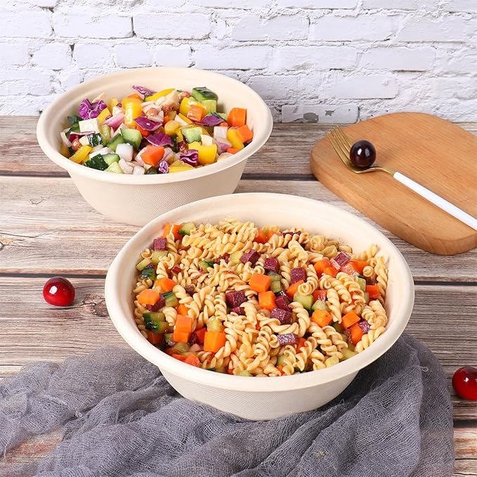 40 oz Disposable salad bowls with lids,Sugarcane Fiber Paper Bowls take away food containers Bagasse Plant Fibers Freezer Safe 25 Pack