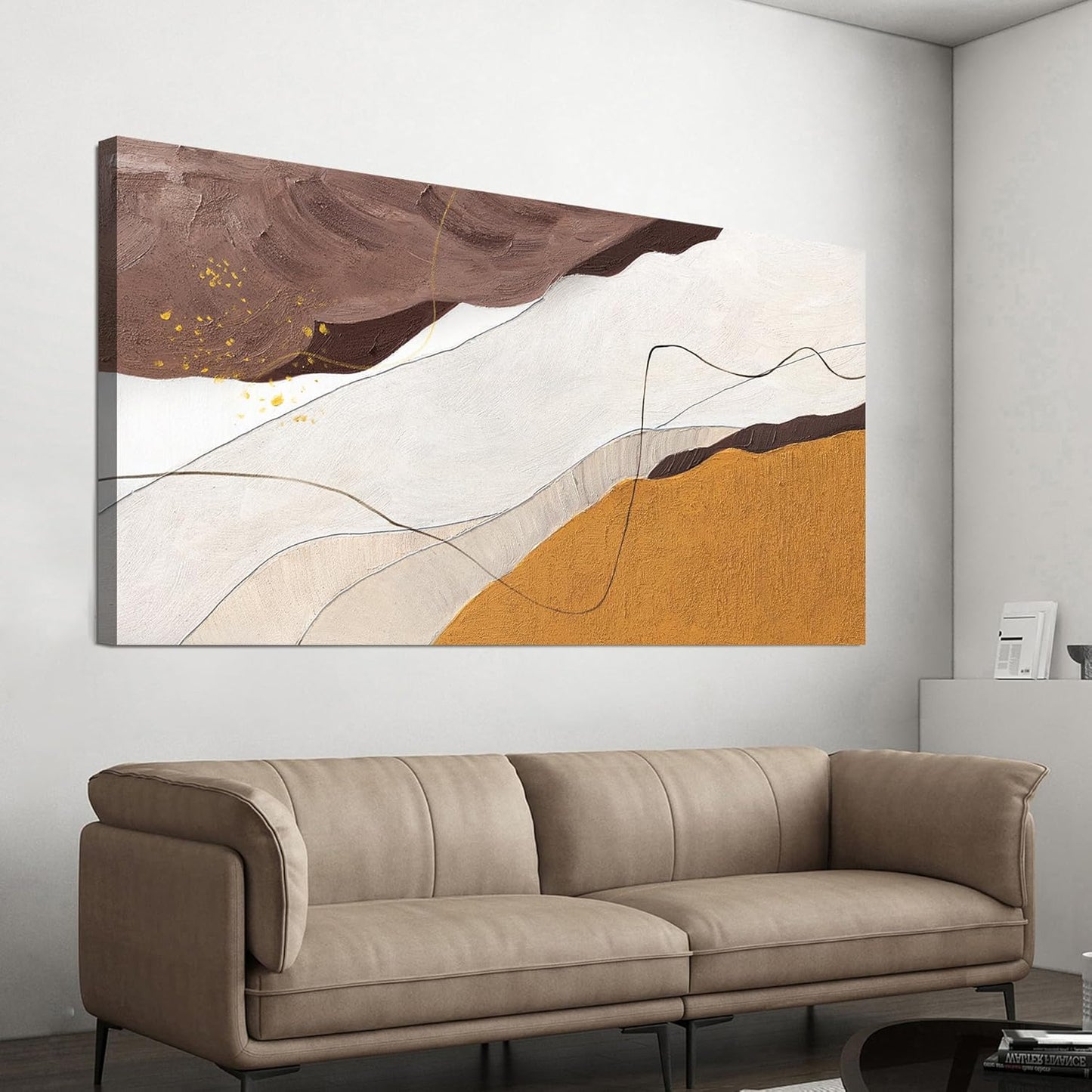 Canvas Abstract Wall Art Decor Minimalist White Wall Art Prints Abstract Canvas Art Wall Decor Large Modern Brown Wall Art Decorations Oversized Artwork for Walls Bedroom Office Wall Art Decor 29" X 58"