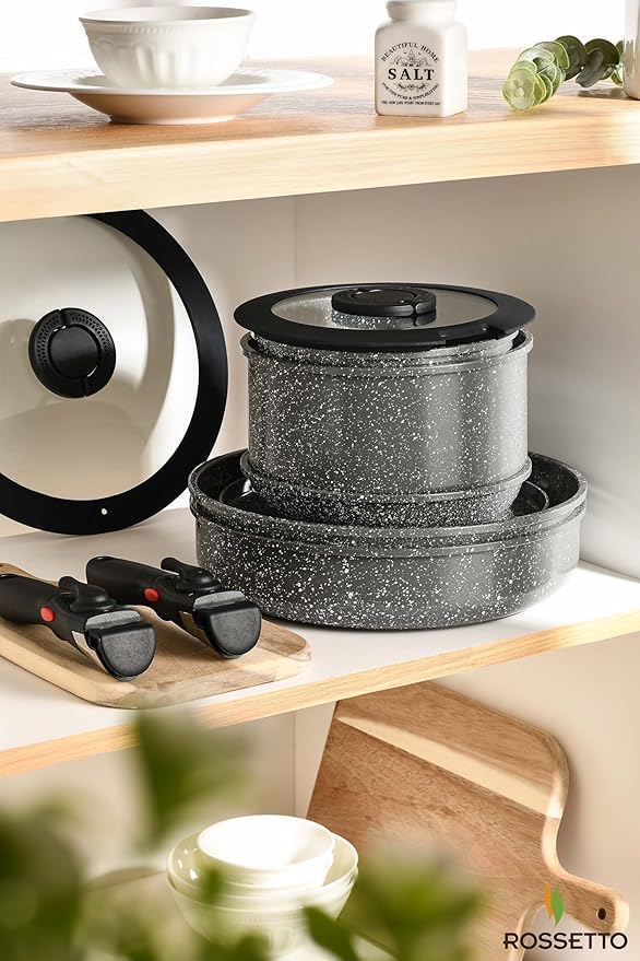 ROSSETTO 16pcs Aluminium Nonstick Pots and Pans Set from France with detachable Handle, Stackable, Ceramic RV Kitchen Cookware Sets Removable Handle, PFOA and PTFE Free, Oven Safe, Induction