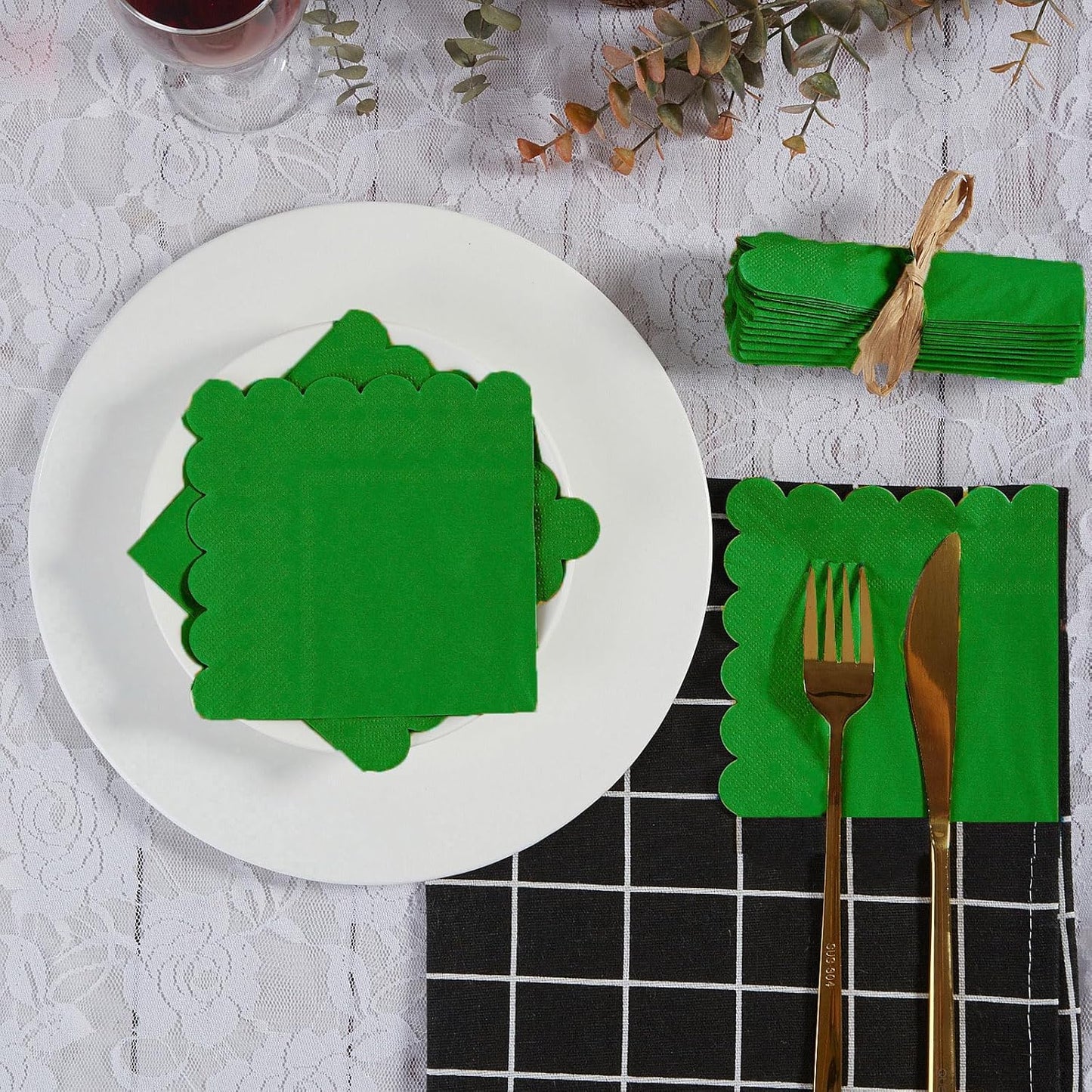 100 Pack Cocktail Napkin 2-Ply Scalloped Edged Dessert Napkins Folded 5 x 5 Inches Disposable Napkins for Dinner Wedding Birthday Party Bridal Anniversary Reception Event (Green-2)