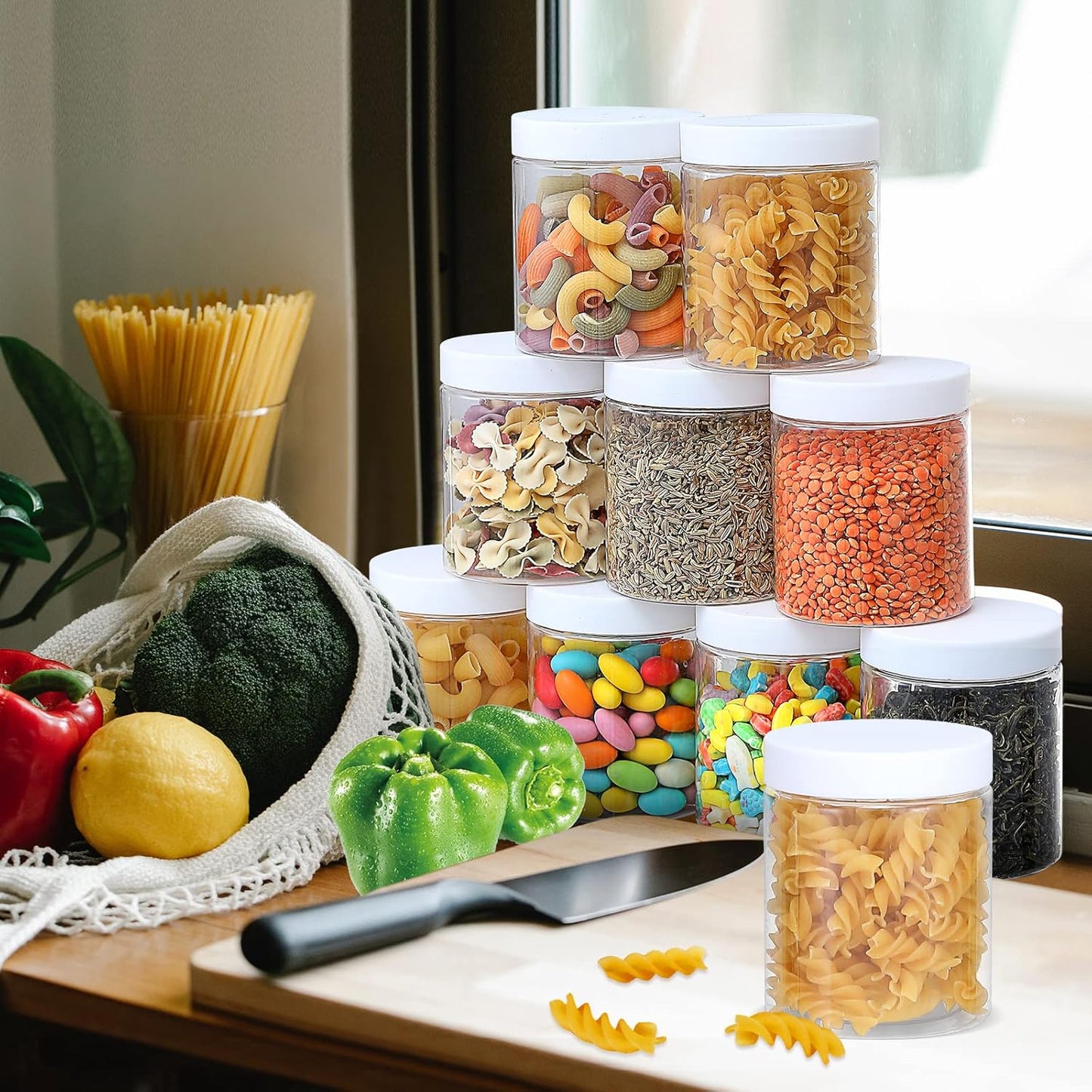 36PCS 8OZ Plastic Jars with Screw On Lids, Labels Refillable Empty Round Slime Containers for Storing Dry Food, Honey Jam, Cream, Butter, Lotion (White)