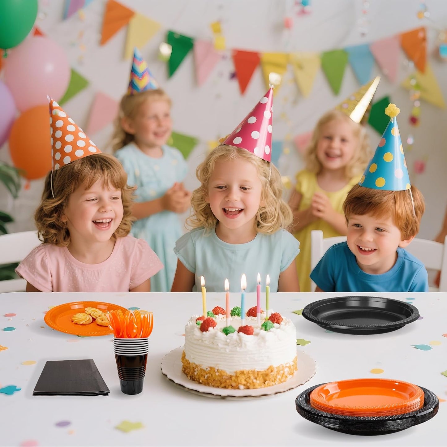 MirthMood 350PCS black and orange Plastic Plates,Black Disposable Plates –Plastic Plates Set Includes 50 Dinner,50 Dessert Plate,50 Cup&50 Napkins, 50 orange Silverware for Wedding& Parties& Halloween