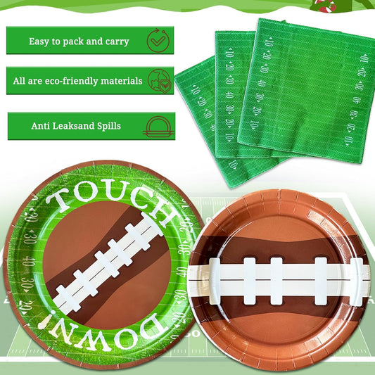 175 PCS Football Party Decorations, Plates and Napkins Sets Includes Plates Dessert Napkins Cups Plastic Knives Forks Spoons Disposable Dinnerware Set For Football Party (25 Guest)